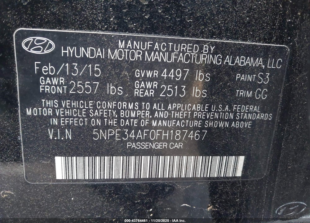 2015 HYUNDAI SONATA SPORT VIN: 5NPE34AF0FH187467