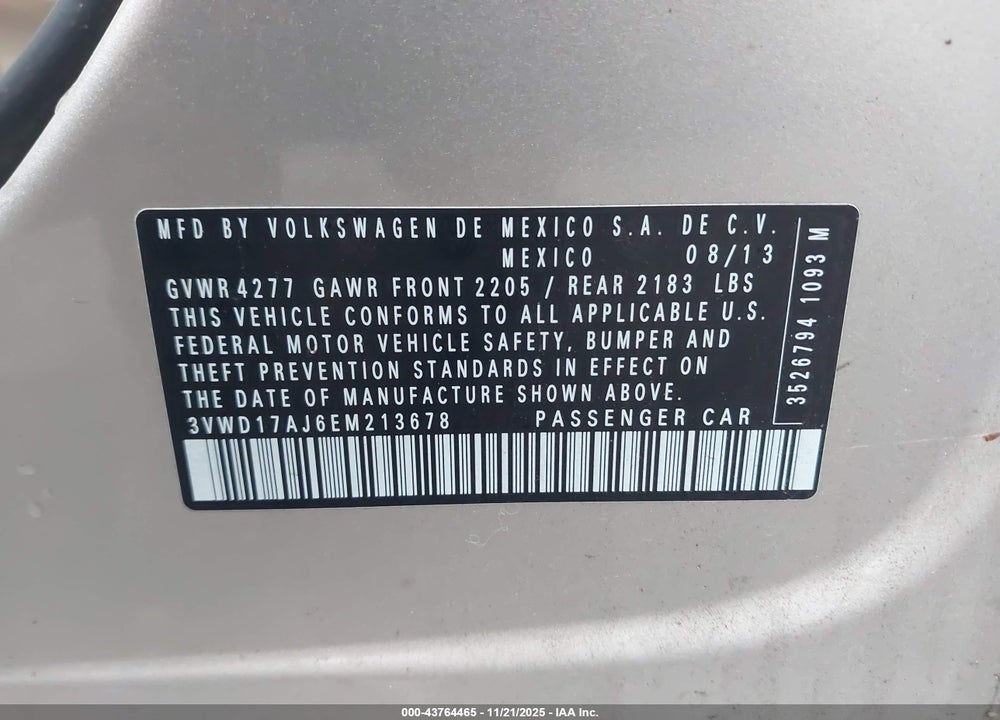 2014 VOLKSWAGEN JETTA 1.8T SE VIN: 3VWD17AJ6EM213678