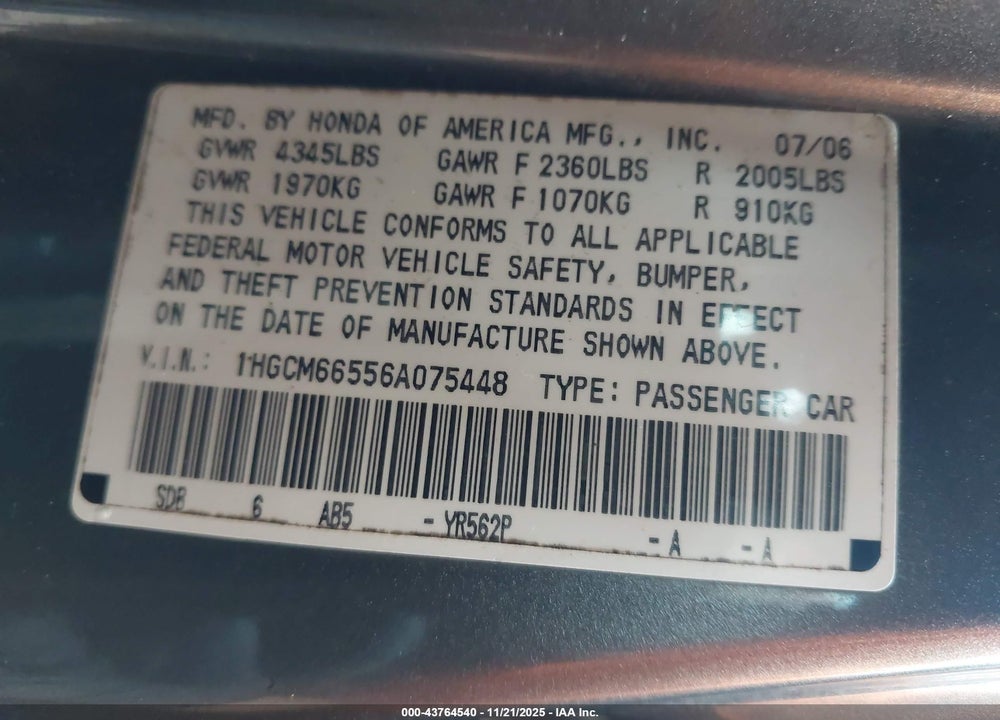2006 HONDA ACCORD VIN: 1HGCM66556A075448