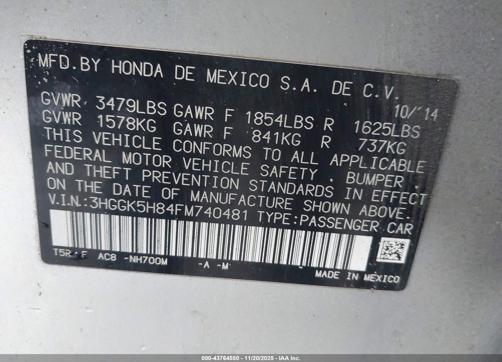 2015 HONDA FIT EX/EX-L VIN: 3HGGK5H84FM740481