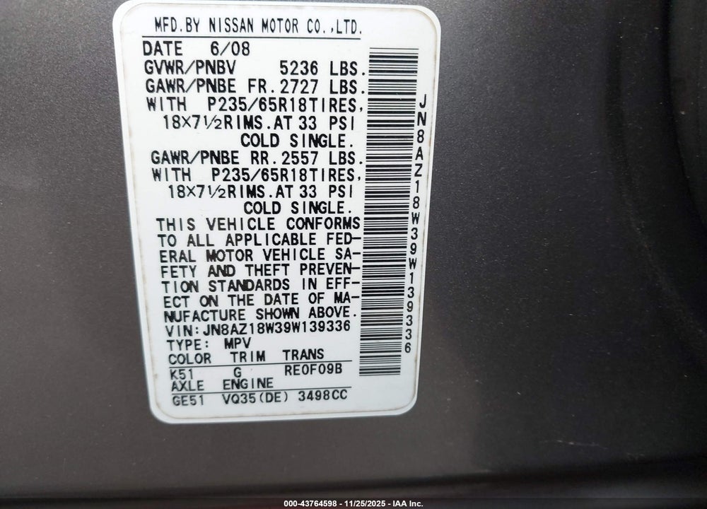 2009 NISSAN MURANO S VIN: JN8AZ18W39W139336