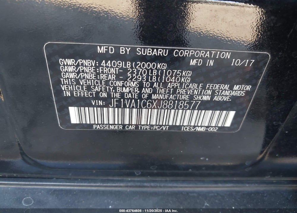 2018 SUBARU WRX VIN: JF1VA1C6XJ8818577