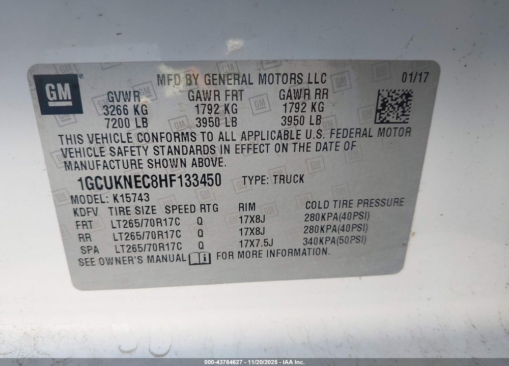 2017 CHEVROLET SILVERADO 1500 VIN: 1GCUKNEC8HF133450