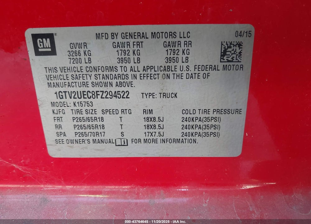2015 GMC SIERRA 1500 SLE VIN: 1GTV2UEC8FZ294522