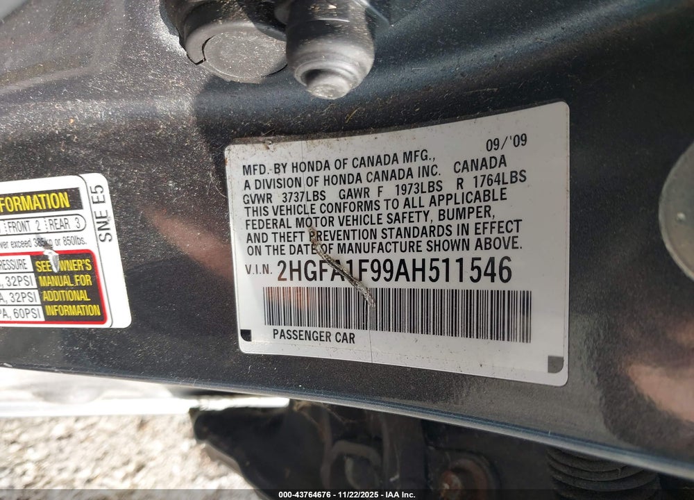 2010 HONDA CIVIC EX-L VIN: 2HGFA1F99AH511546