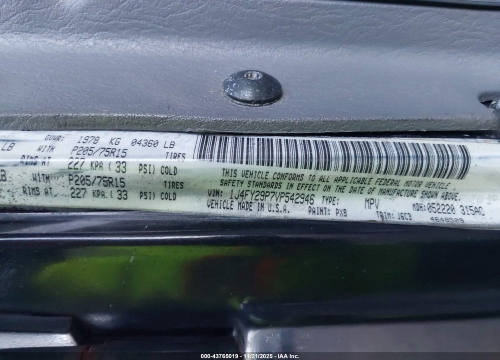 1997 JEEP WRANGLER SE VIN: 1J4FY29P7VP542946