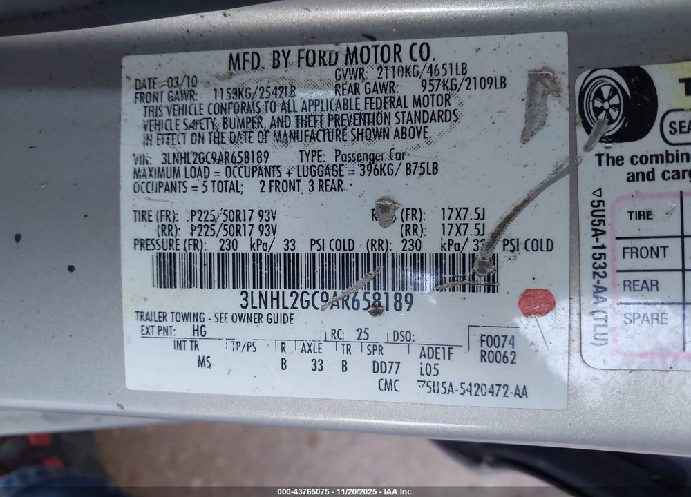 2010 LINCOLN MKZ VIN: 3LNHL2GC9AR658189