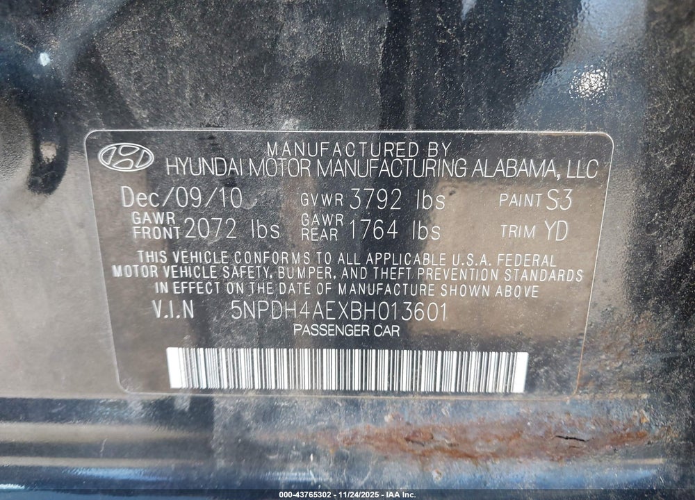 2011 HYUNDAI ELANTRA LIMITED VIN: 5NPDH4AEXBH013601