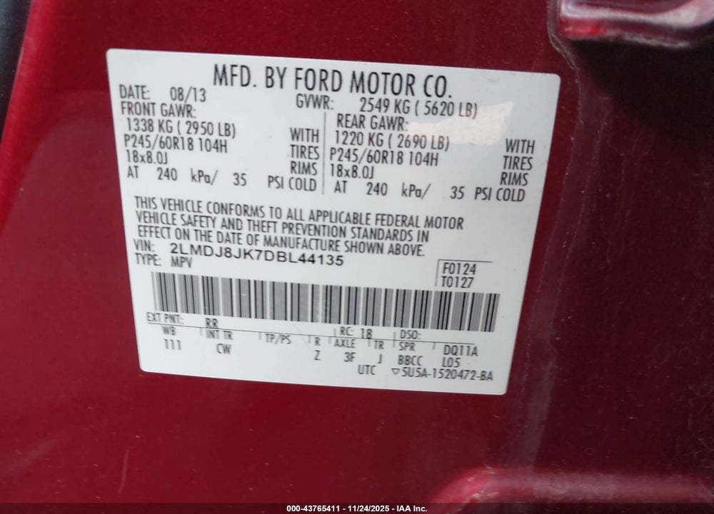 2013 LINCOLN MKX VIN: 2LMDJ8JK7DBL44135
