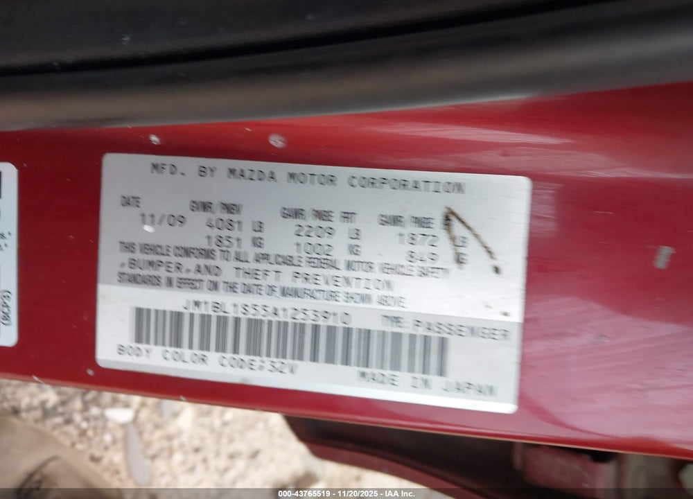 2010 MAZDA 3 VIN: JM1BL1S55A1253910