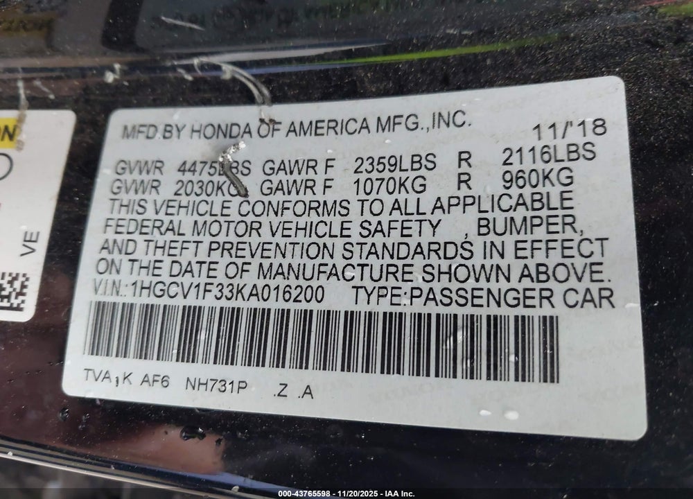 2019 HONDA ACCORD VIN: 1HGCV1F33KA016200