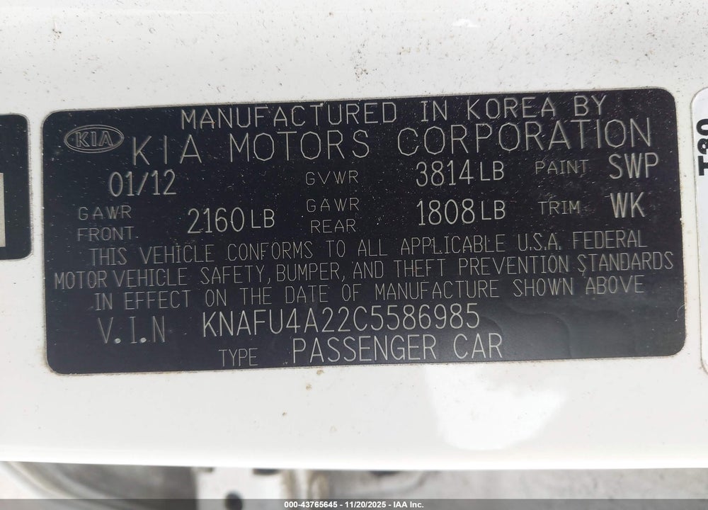 2012 KIA FORTE VIN: KNAFU4A22C5586985