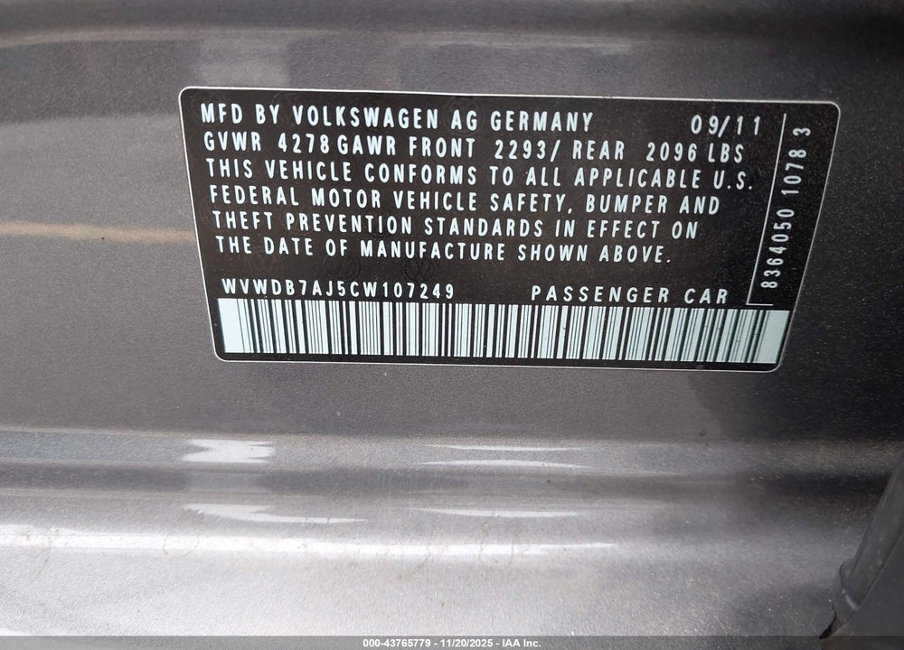 2012 VOLKSWAGEN GOLF 2.5L 4-DOOR VIN: WVWDB7AJ5CW107249