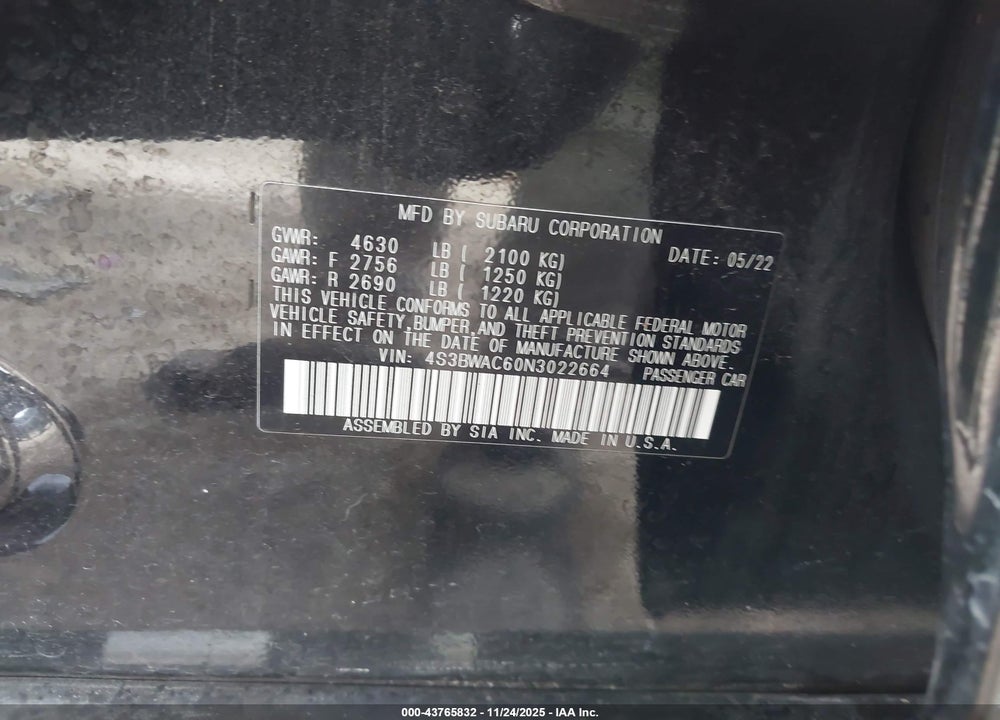 2022 SUBARU LEGACY PREMIUM VIN: 4S3BWAC60N3022664