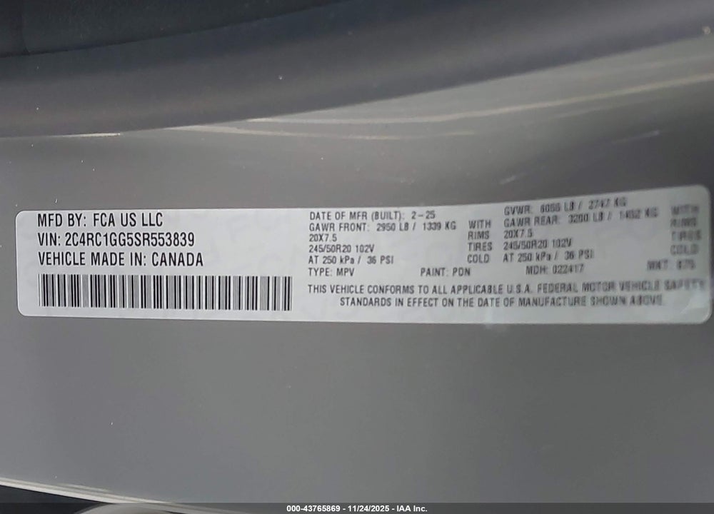 2025 CHRYSLER PACIFICA LIMITED VIN: 2C4RC1GG5SR553839