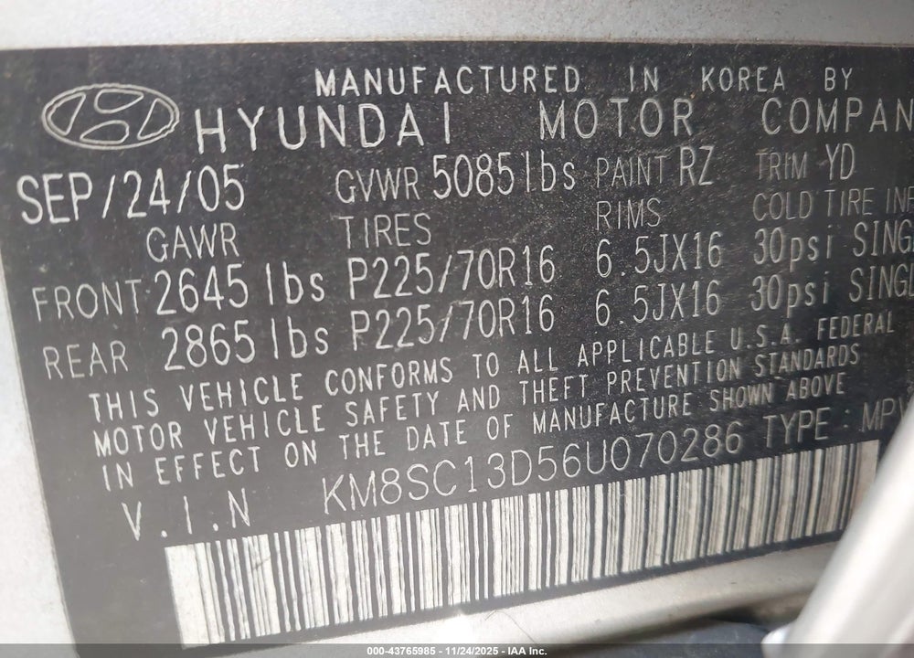 2006 HYUNDAI SANTA FE GLS VIN: KM8SC13D56U070286