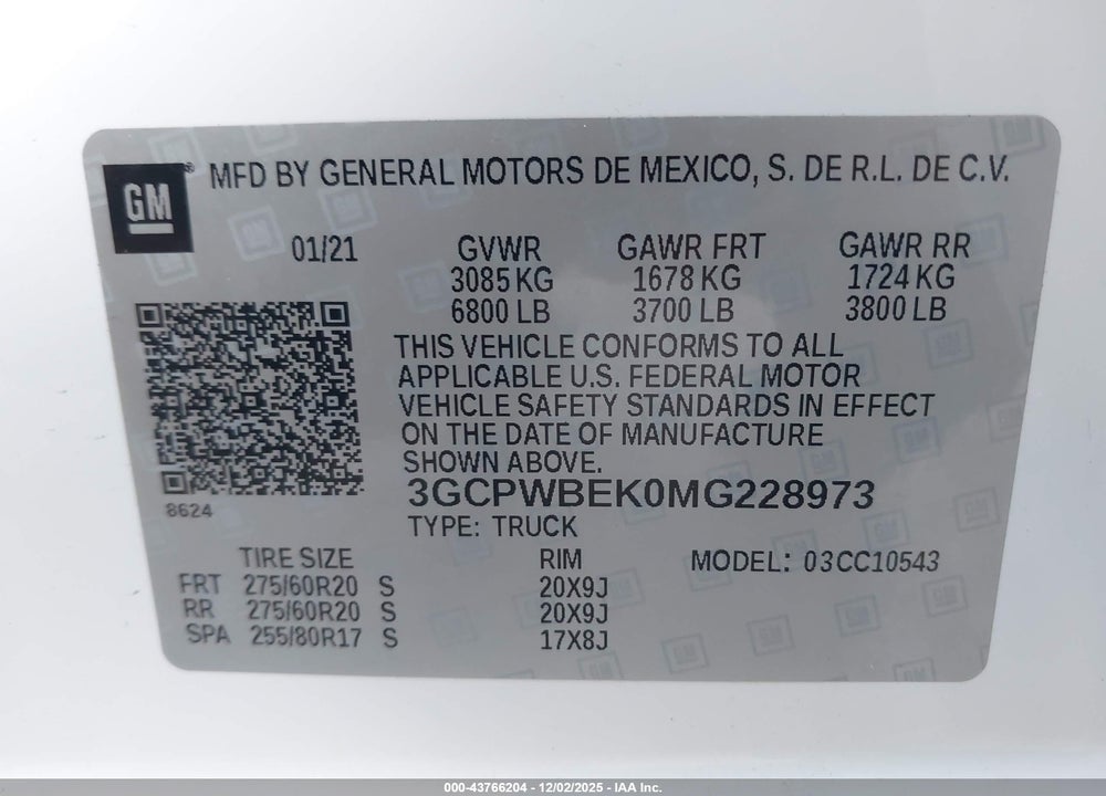 2021 CHEVROLET SILVERADO 1500 2WD  SHORT BED CUSTOM VIN: 3GCPWBEK0MG228973
