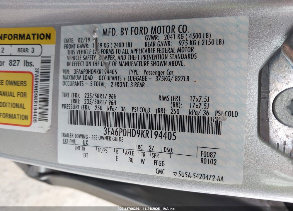 2019 FORD FUSION SE VIN: 3FA6P0HD9KR194405