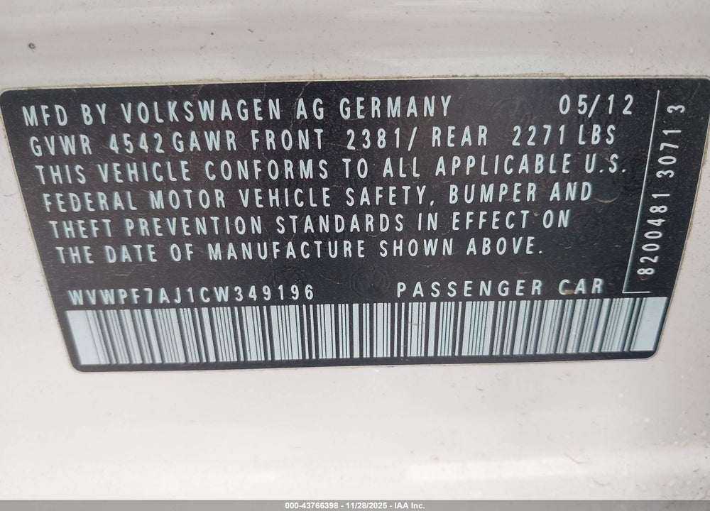 2012 VOLKSWAGEN GOLF R 4-DOOR VIN: WVWPF7AJ1CW349196
