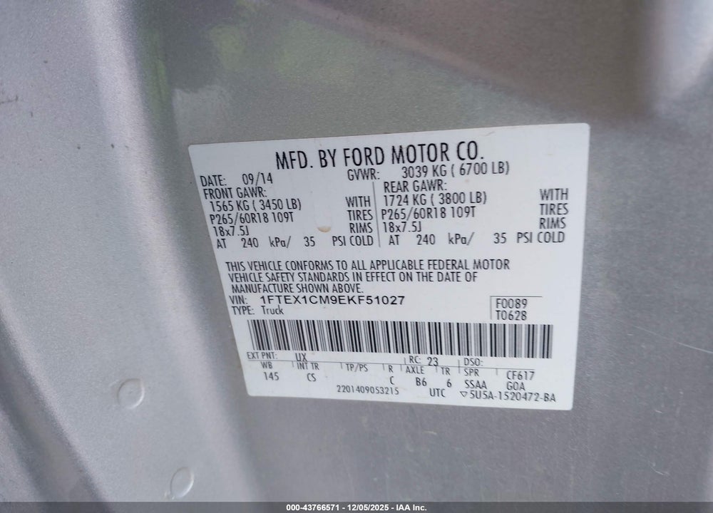 2014 FORD F-150 STX VIN: 1FTEX1CM9EKF51027