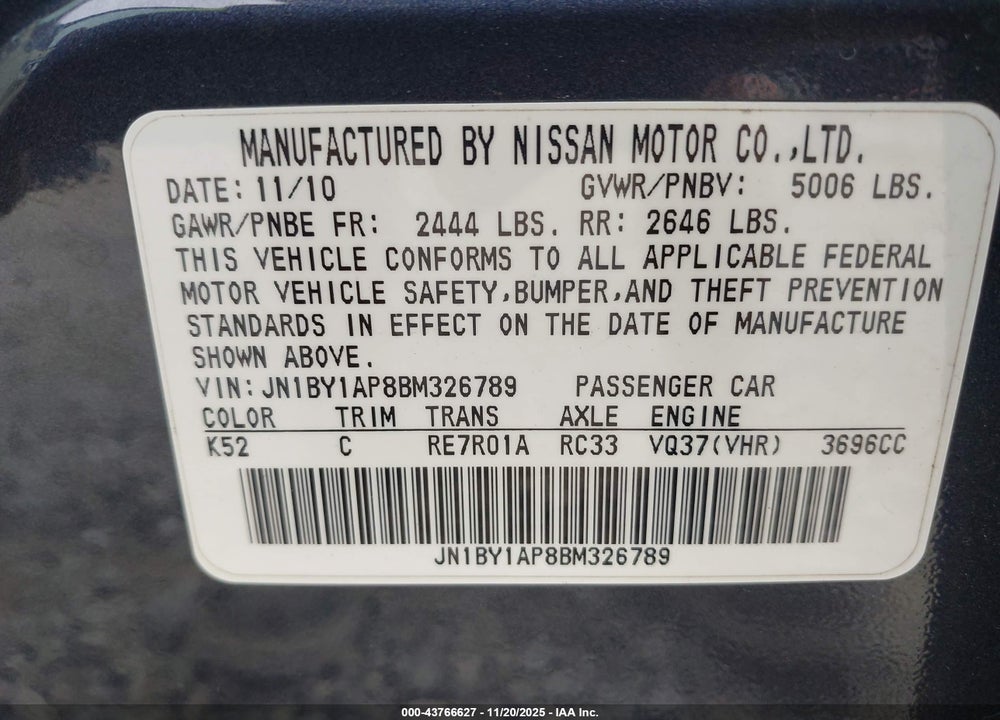 2011 INFINITI M37 VIN: JN1BY1AP8BM326789