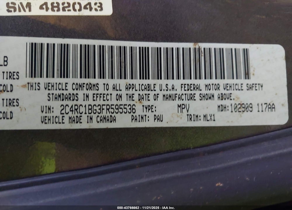 2015 CHRYSLER TOWN & COUNTRY TOURING VIN: 2C4RC1BG3FR595536