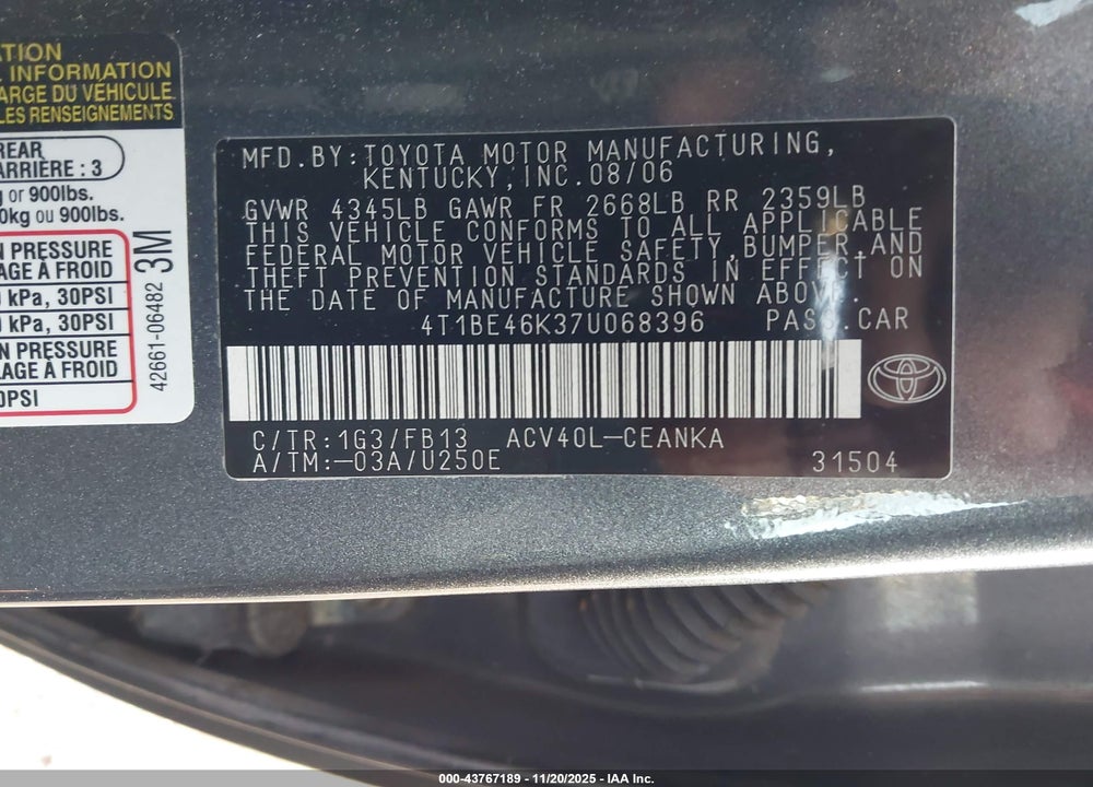 2007 TOYOTA CAMRY LE VIN: 4T1BE46K37U068396