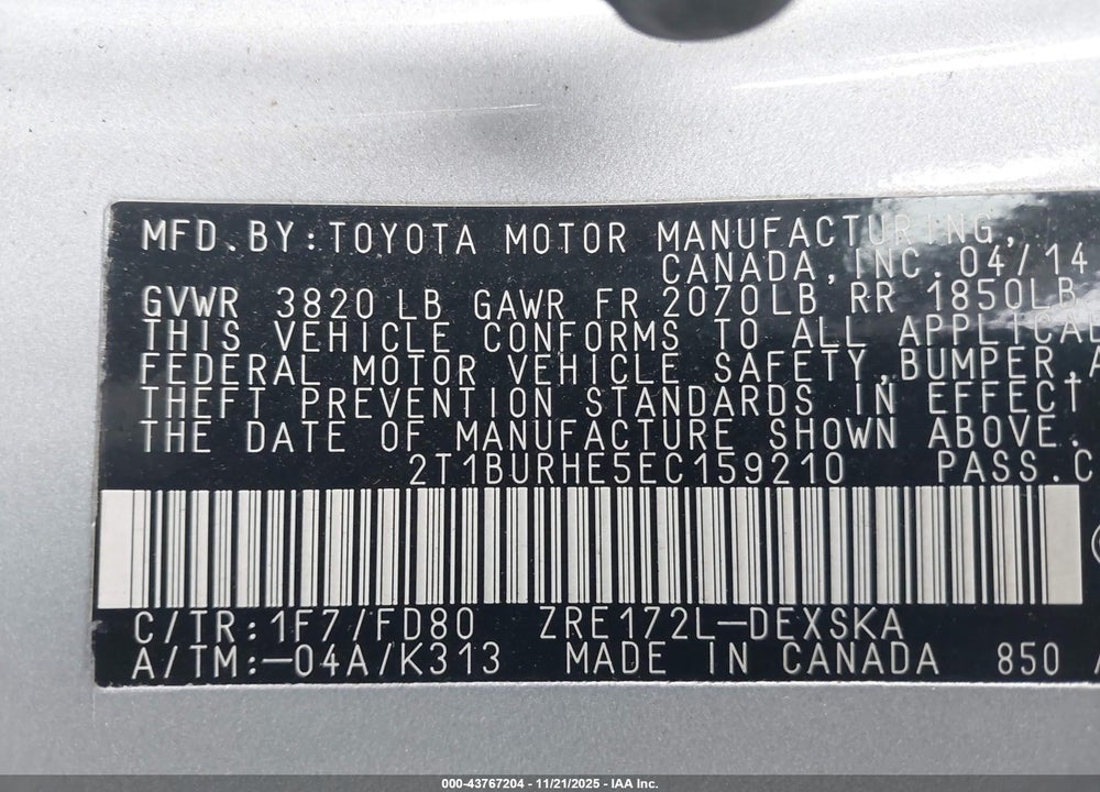2014 TOYOTA COROLLA S PLUS VIN: 2T1BURHE5EC159210