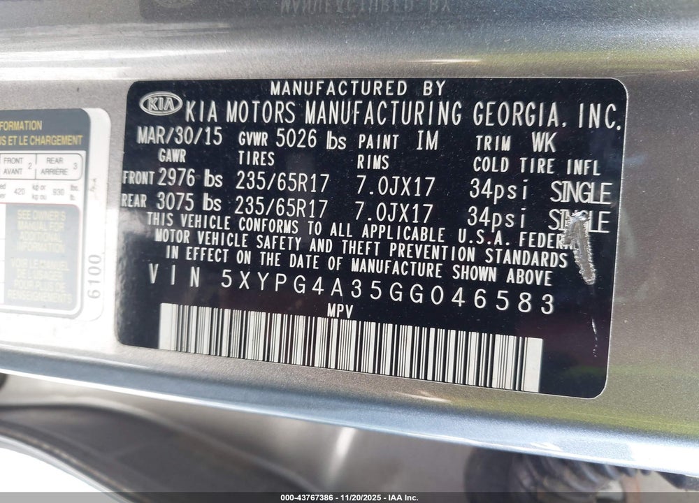 2016 KIA SORENTO 2.4L LX VIN: 5XYPG4A35GG046583