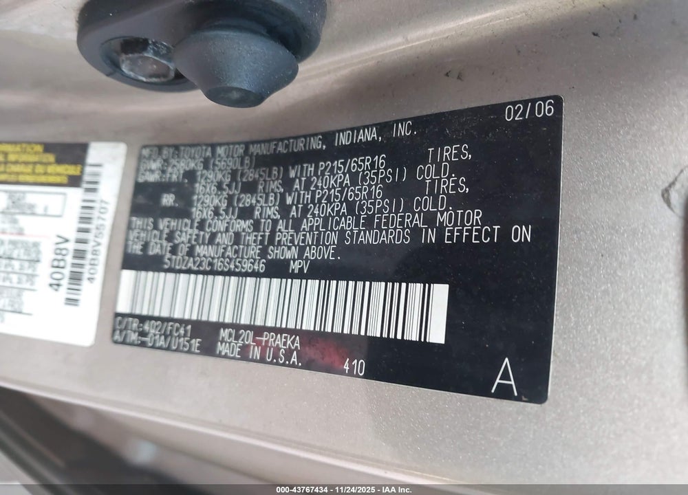 2006 TOYOTA SIENNA LE VIN: 5TDZA23C16S459646