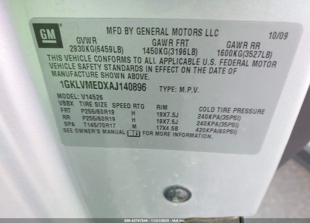 2010 GMC ACADIA SLT-1 VIN: 1GKLVMEDXAJ140896