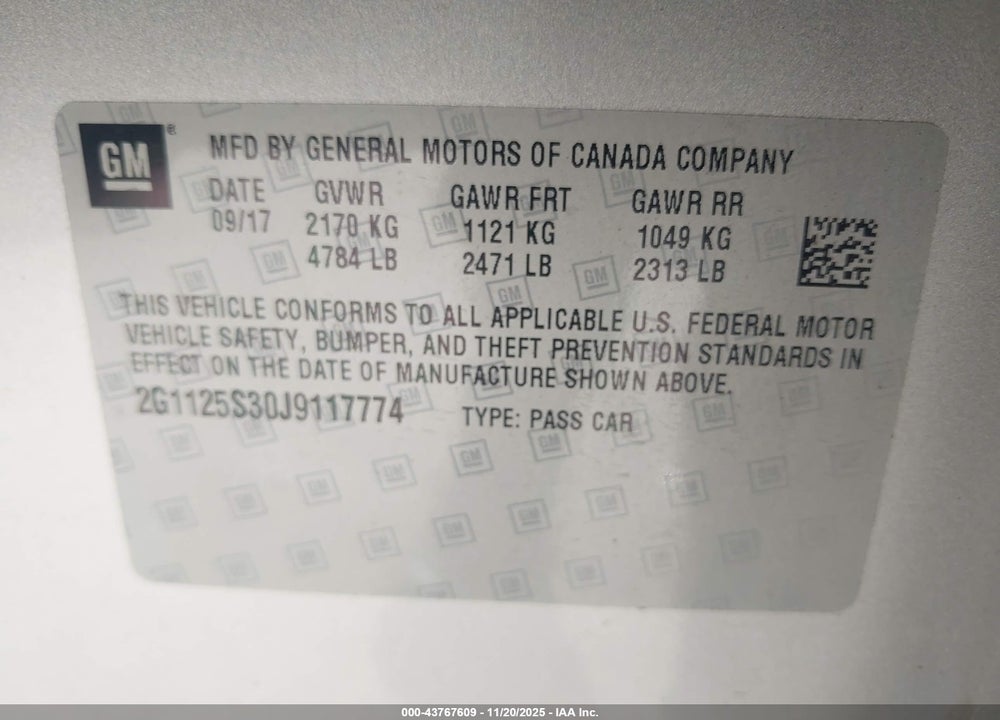 2018 CHEVROLET IMPALA 2LZ VIN: 2G1125S30J9117774