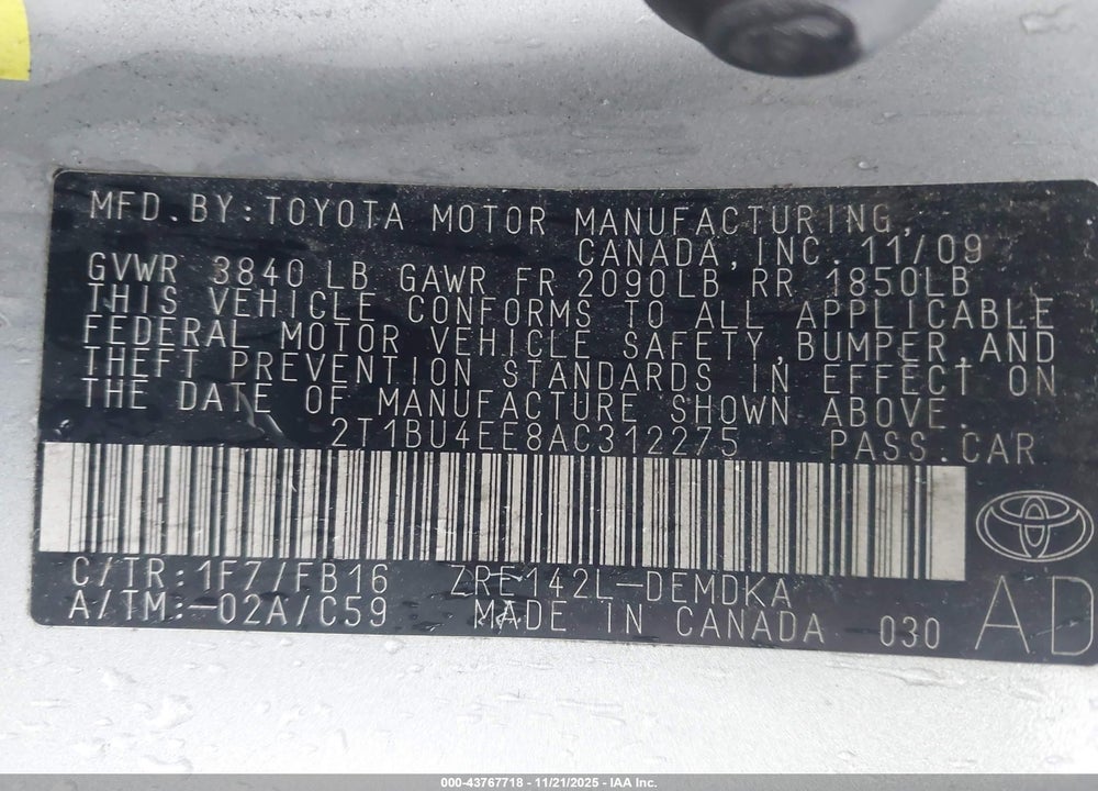 2010 TOYOTA COROLLA VIN: 2T1BU4EE8AC312275