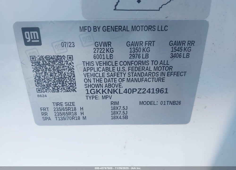 2023 GMC ACADIA FWD SLE VIN: 1GKKNKL40PZ241961