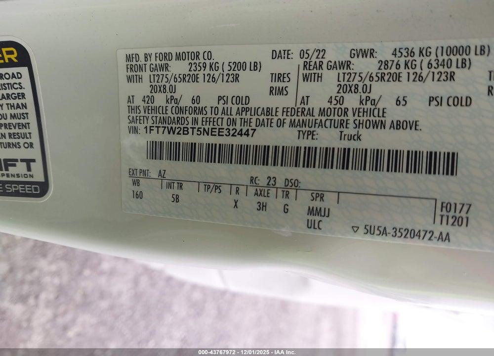 2022 FORD F-250 LARIAT VIN: 1FT7W2BT5NEE32447