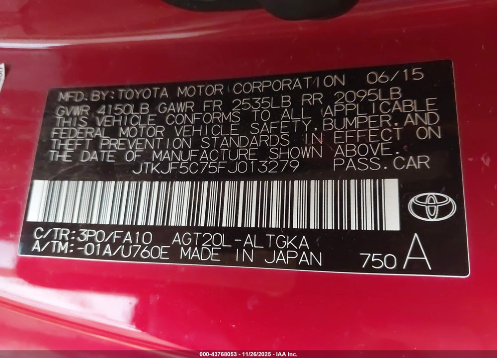 2015 SCION TC VIN: JTKJF5C75FJ013279