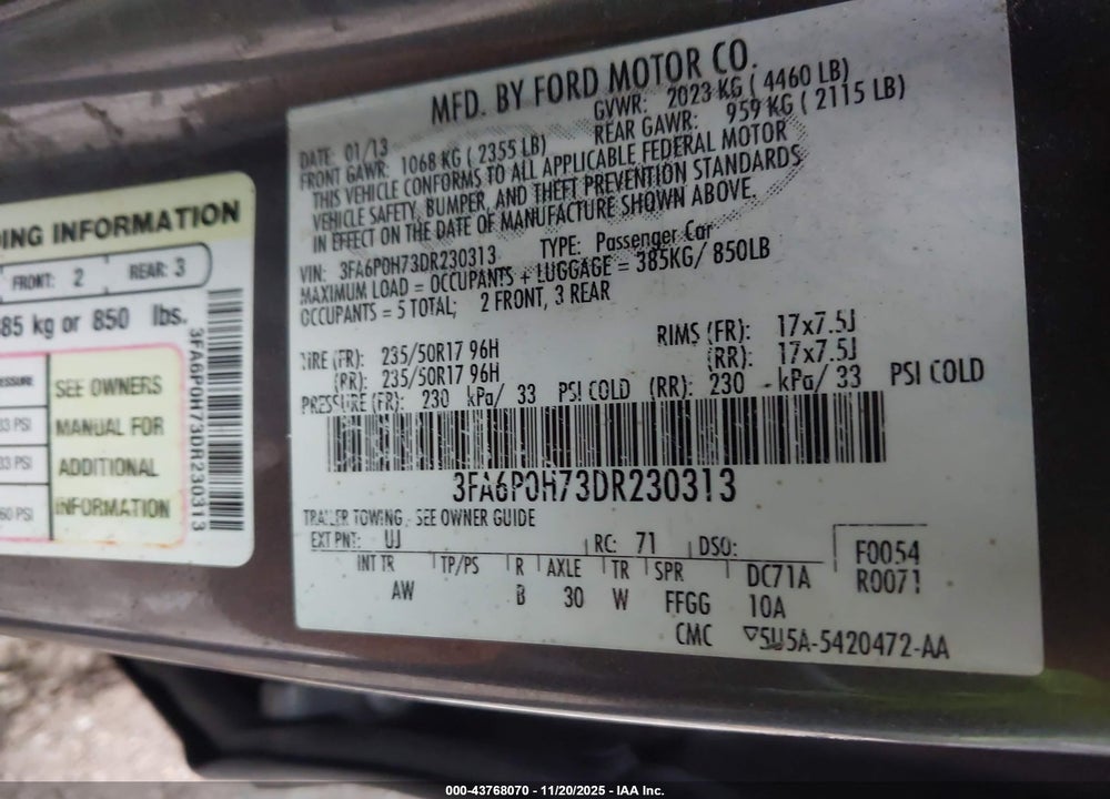 2013 FORD FUSION SE VIN: 3FA6P0H73DR230313