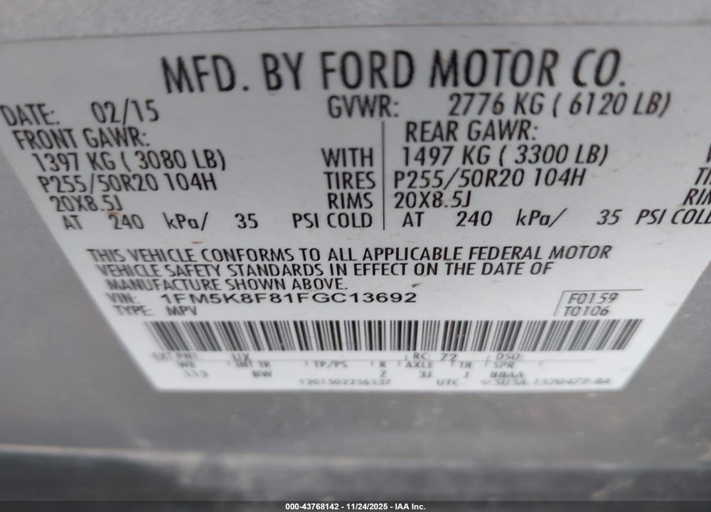2015 FORD EXPLORER LIMITED VIN: 1FM5K8F81FGC13692