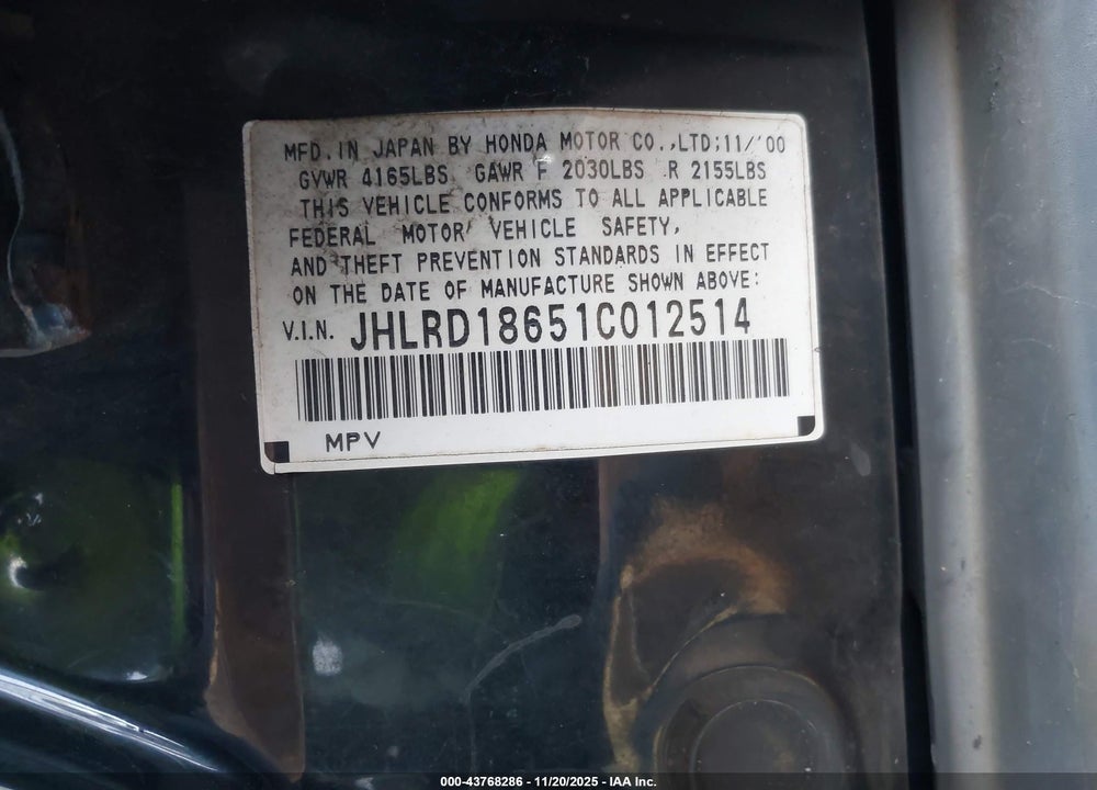 2001 HONDA CR-V EX VIN: JHLRD18651C012514