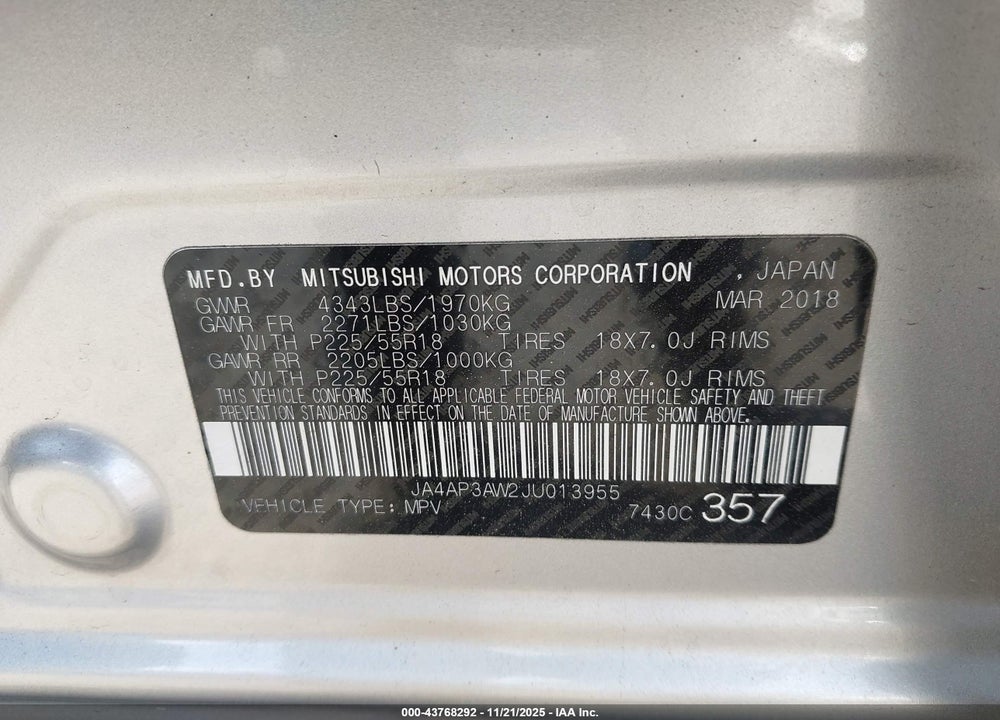 2018 MITSUBISHI OUTLANDER SPORT 2.4 SE VIN: JA4AP3AW2JU013955