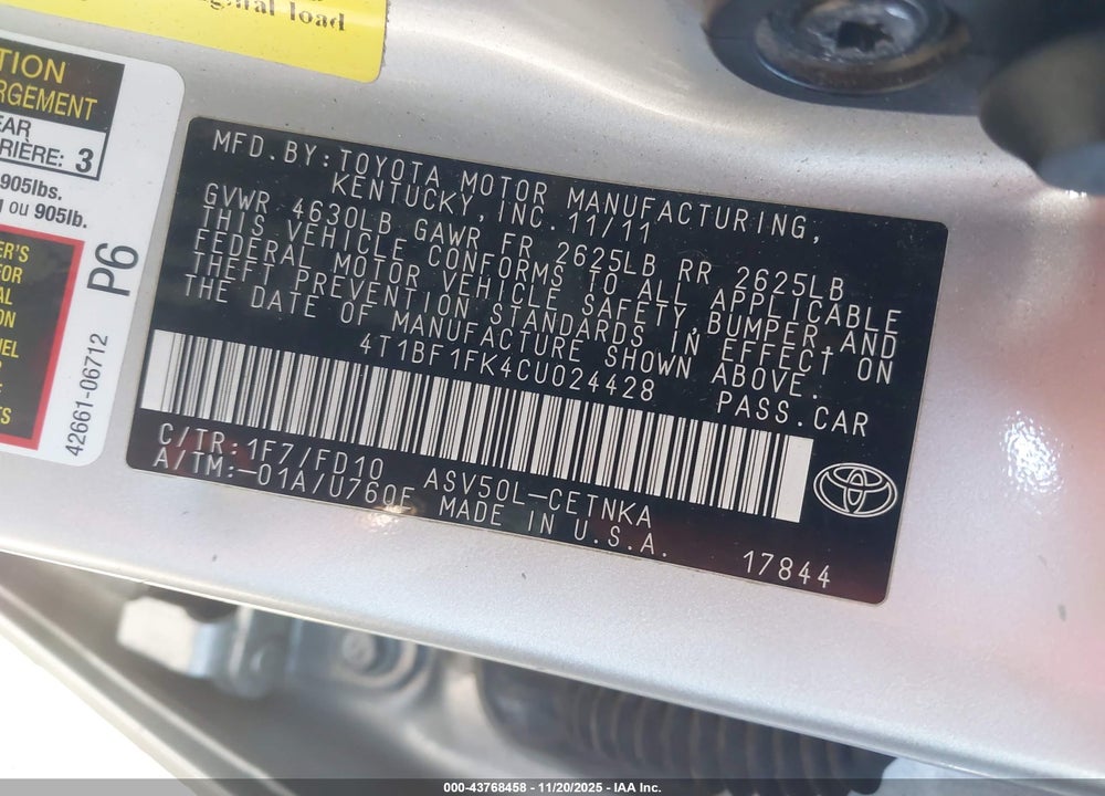 2012 TOYOTA CAMRY LE VIN: 4T1BF1FK4CU024428