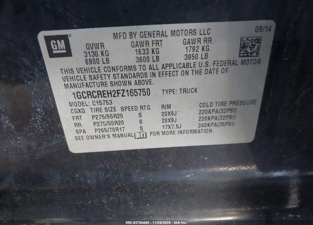 2015 CHEVROLET SILVERADO 1500 1LT VIN: 1GCRCREH2FZ165750