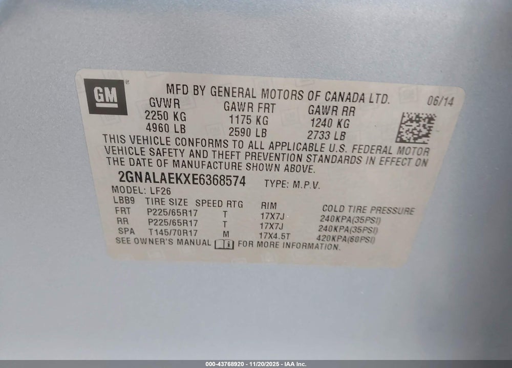 2014 CHEVROLET EQUINOX LS VIN: 2GNALAEKXE6368574