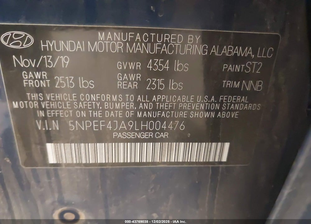 2020 HYUNDAI SONATA SEL VIN: 5NPEF4JA9LH004476