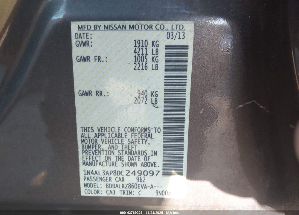 2013 NISSAN ALTIMA 2.5 S VIN: 1N4AL3AP8DC249097