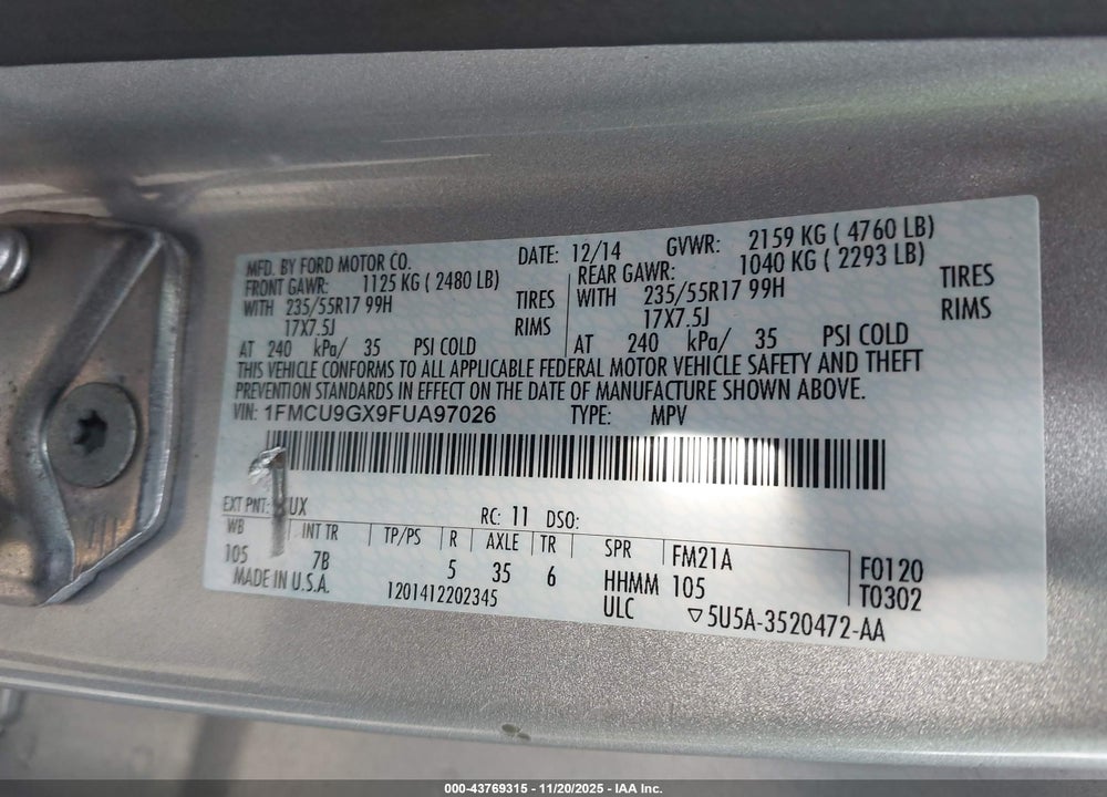 2015 FORD ESCAPE SE VIN: 1FMCU9GX9FUA97026