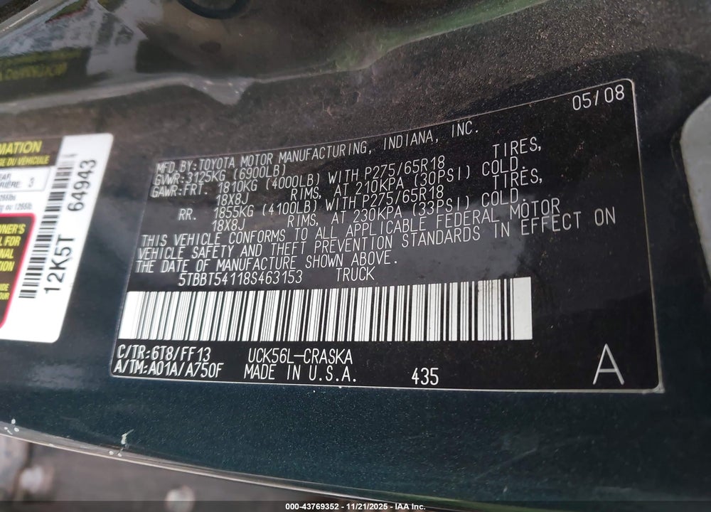 2008 TOYOTA TUNDRA SR5 4.7L V8 VIN: 5TBBT54118S463153