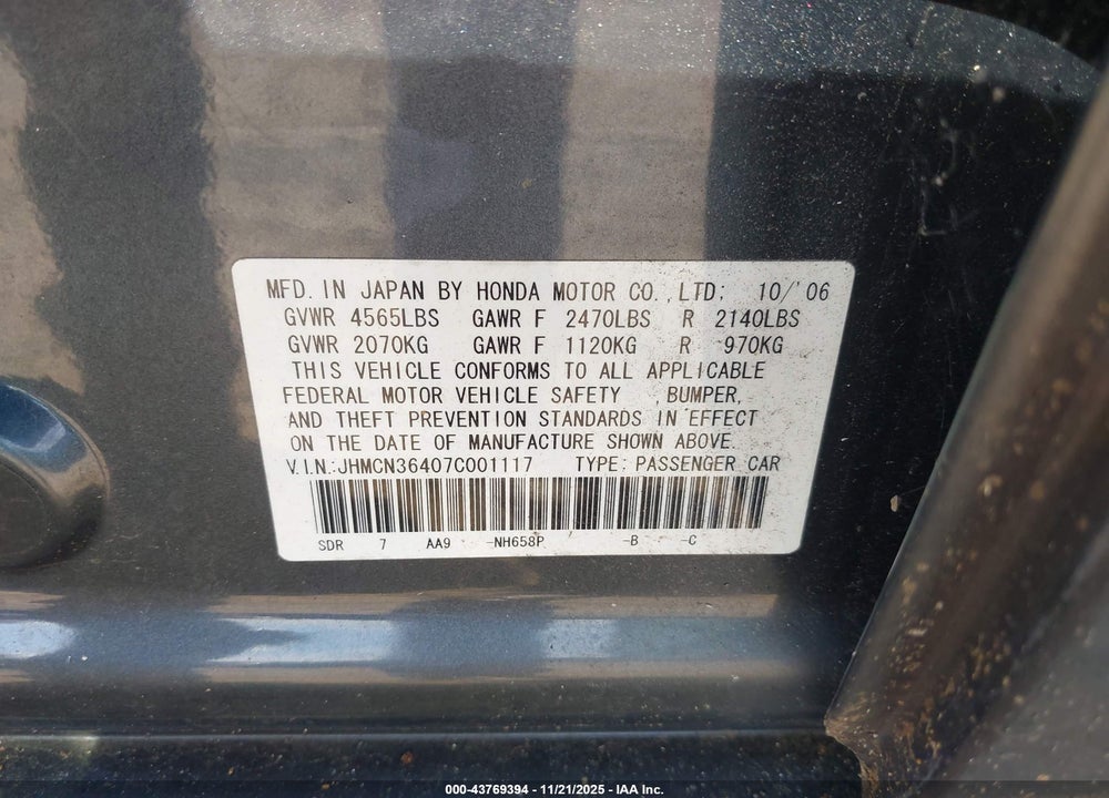 2007 HONDA ACCORD HYBRID VIN: JHMCN36407C001117