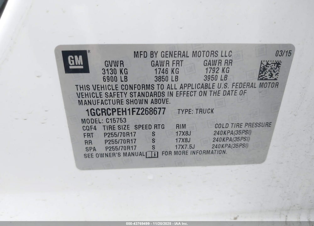 2015 CHEVROLET SILVERADO 1500 WT VIN: 1GCRCPEH1FZ268677