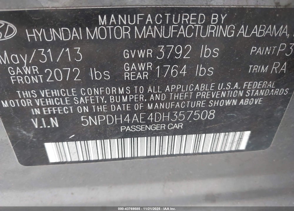 2013 HYUNDAI ELANTRA GLS VIN: 5NPDH4AE4DH357508